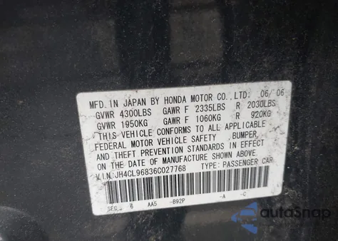 2006 Acura Tsx Base (A5) from USA, damaged, VIN JH4CL96836C027768